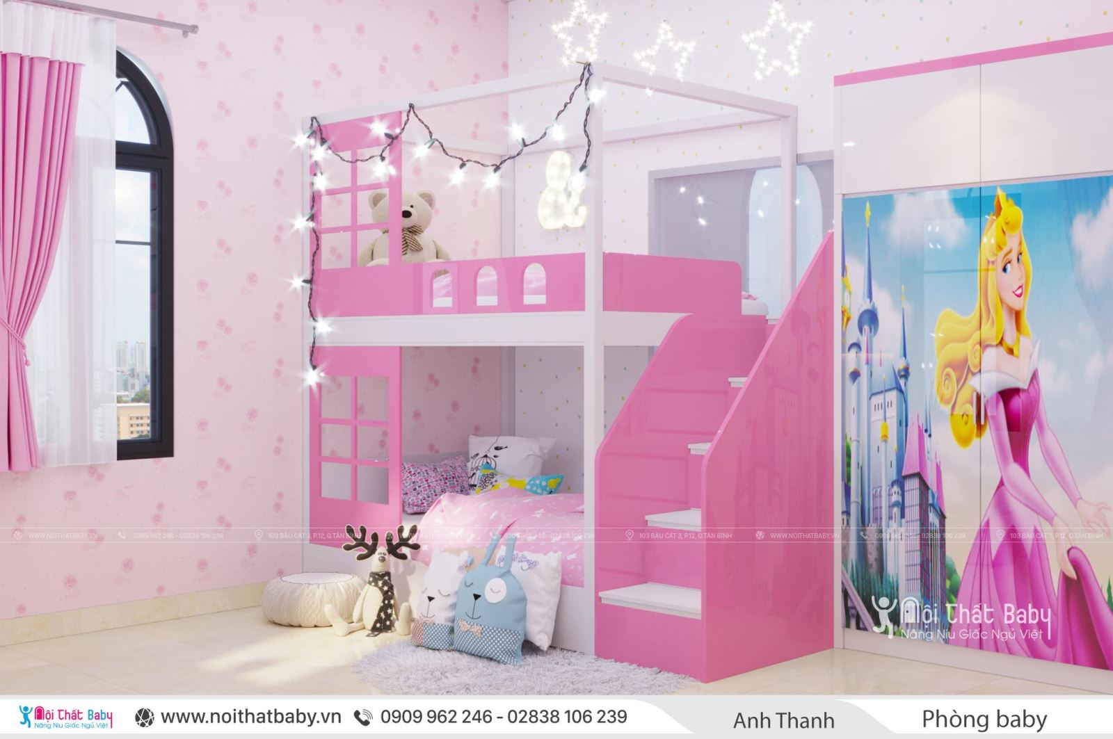 Thiết kế giường tầng cho bé gái màu hồng dễ thương